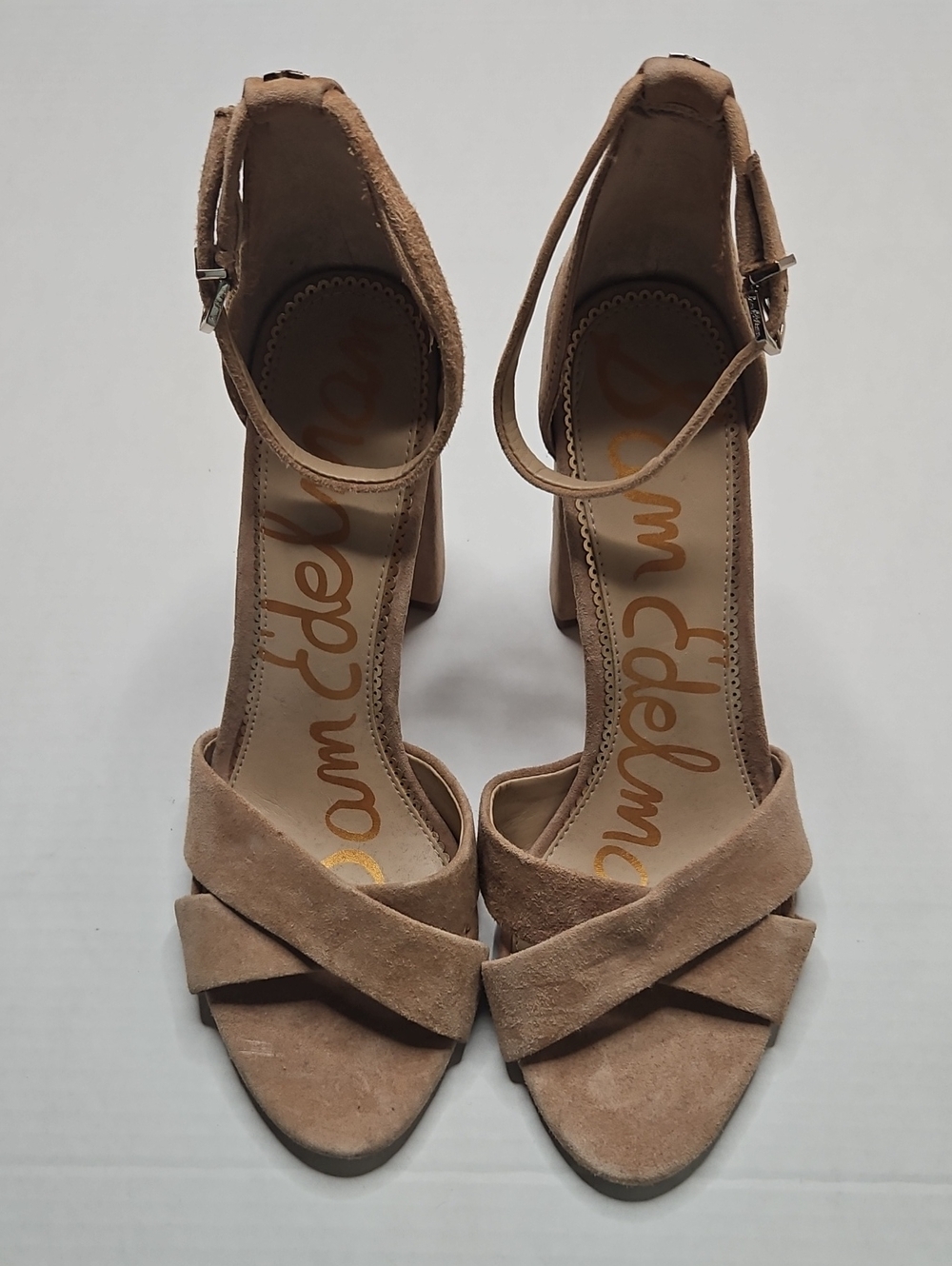 Sam Edelman Blush Tan Suede Crisscross Ankle-Strap Block Heels